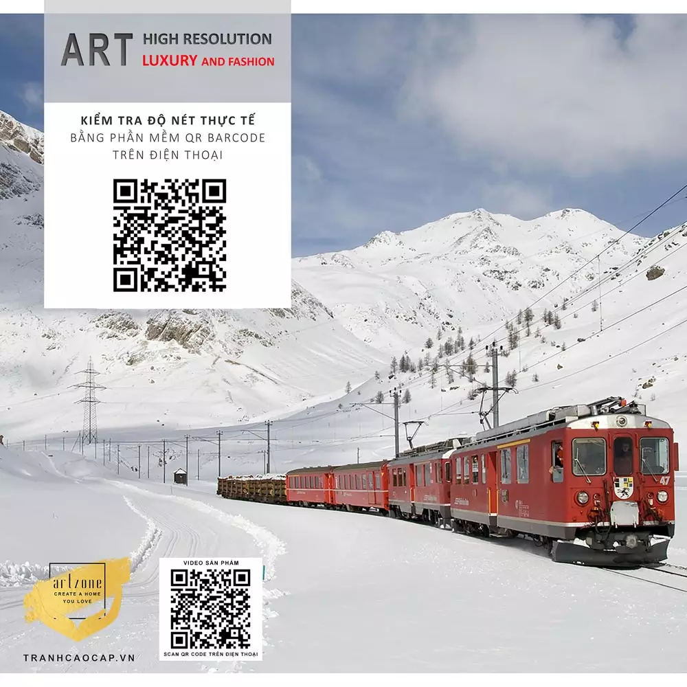 Nội dung Tranh Canvas phong cảnh Đoàn tàu đỏ chạy qua day núi Alps trong tuyết trắng