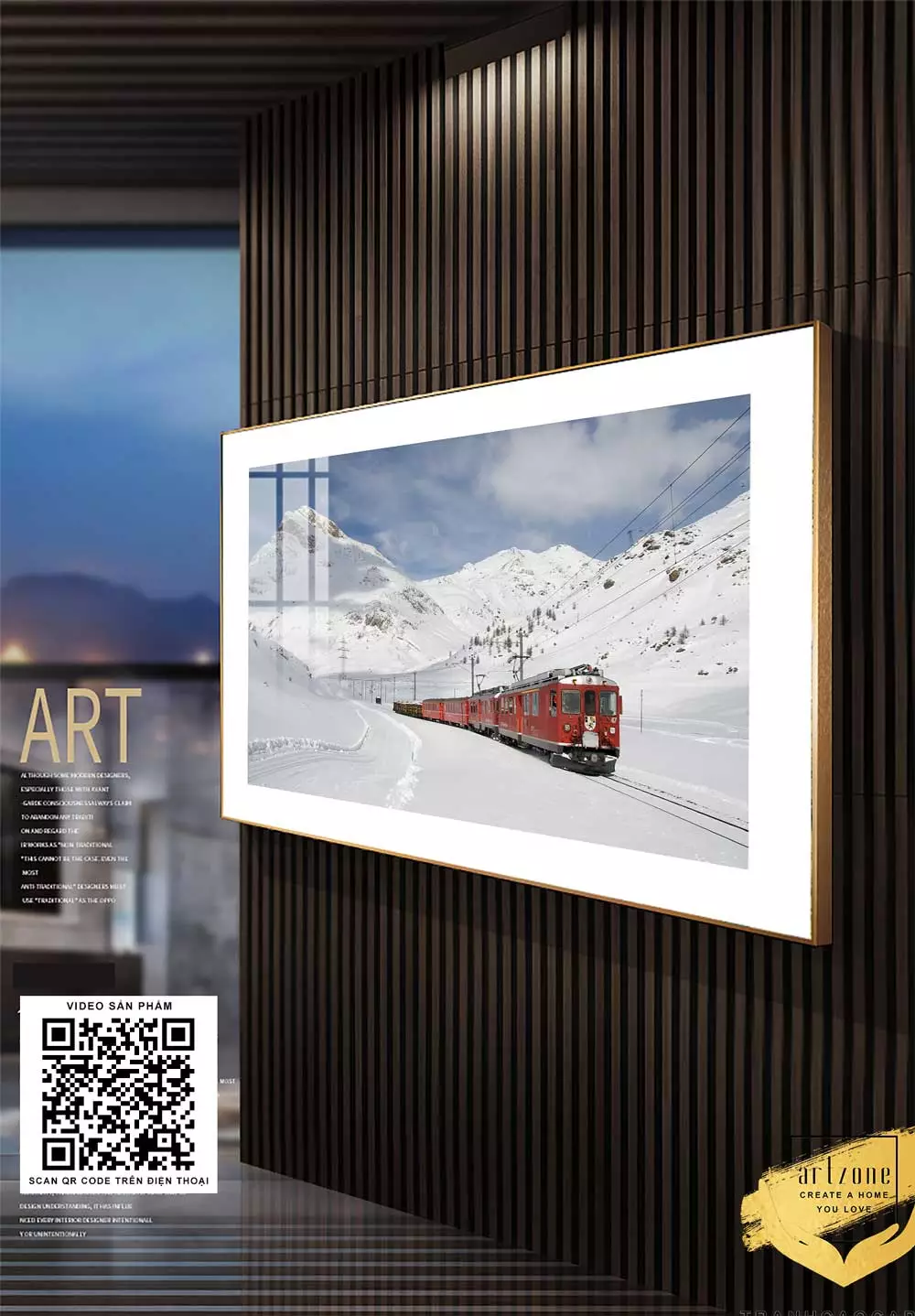 Tranh Canvas phong cảnh Đoàn tàu đỏ chạy qua day núi Alps trong tuyết trắng