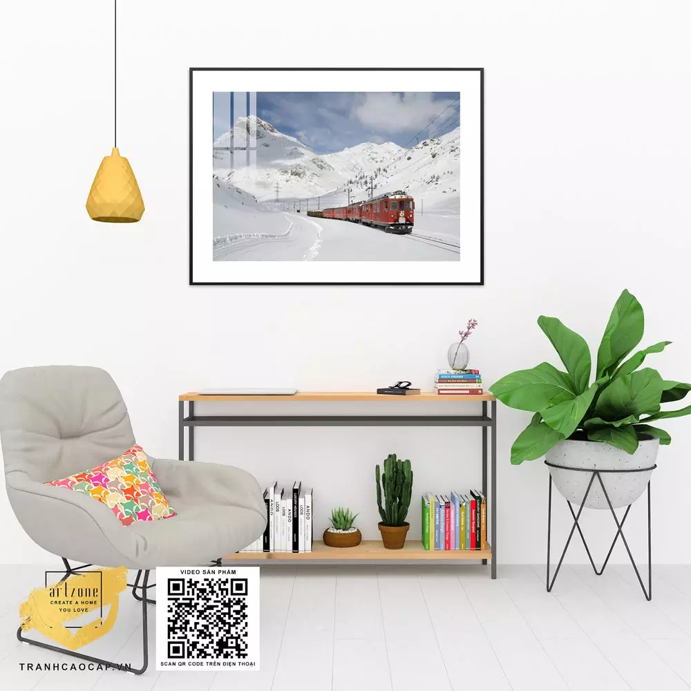 Tranh Canvas phong cảnh Đoàn tàu đỏ chạy qua day núi Alps trong tuyết trắng in trên vải Canvas