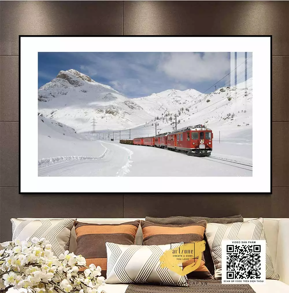 Tranh Canvas phong cảnh Đoàn tàu đỏ chạy qua day núi Alps trong tuyết trắng in trên vải Canvas