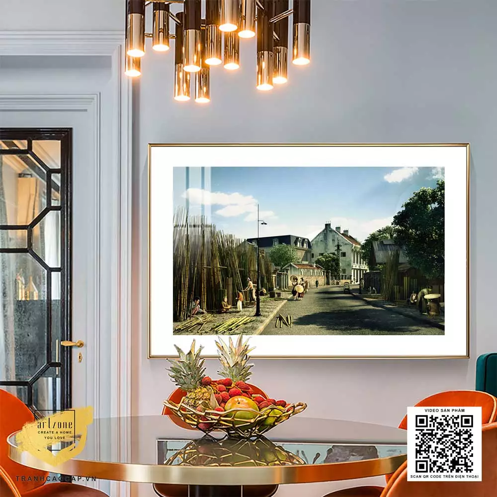 Tranh Decor tinh tế in trên Decal trang trí phòng khách Hà Nội xưa Tranh Decor tinh tế in trên Decal trang trí phòng khách Hà Nội xưa 120X80 cm P/N: AZ1-0997-KN-DECAL-120X80