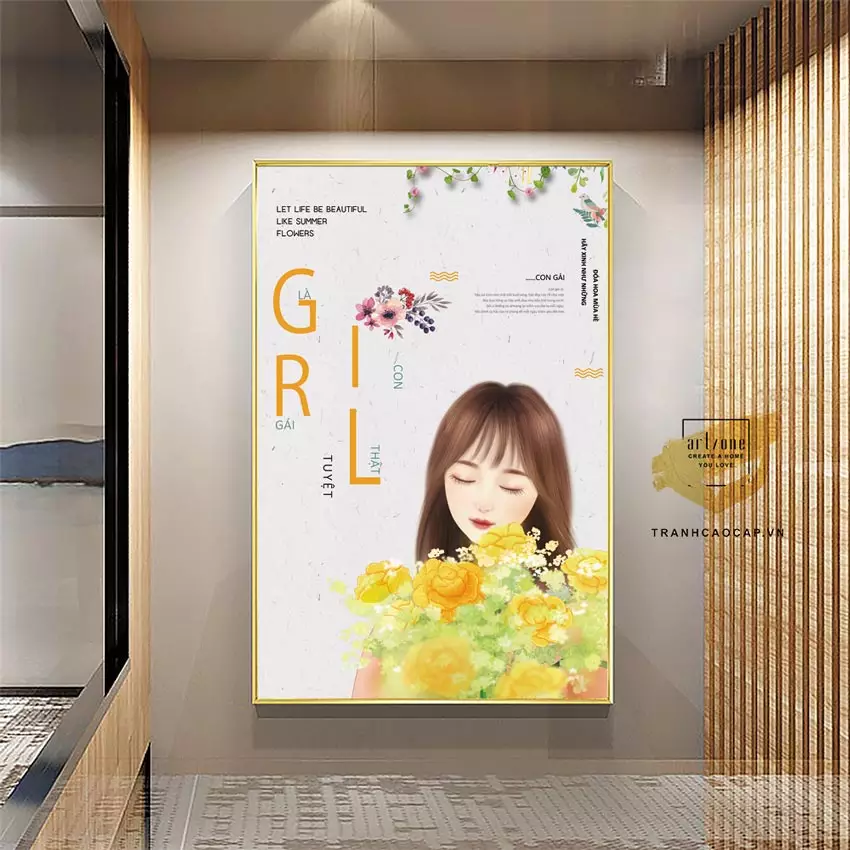 Tranh Chi bi Cô gái nhỏ dễ thương bên bó hoa rực rỡ