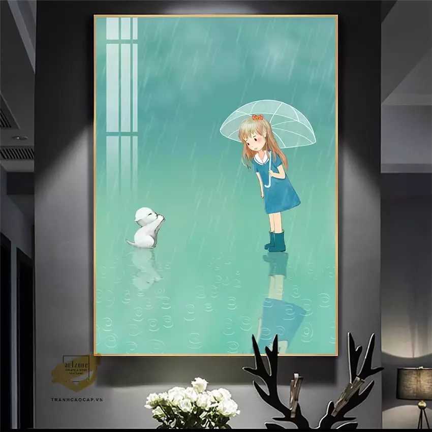 Tranh Chi bi Cô gái và chú mèo con dưới mưa