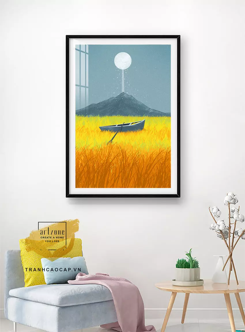 Tranh Chi bi Cánh đồng dưới ánh trăng vàng và con thuyền nhỏ
