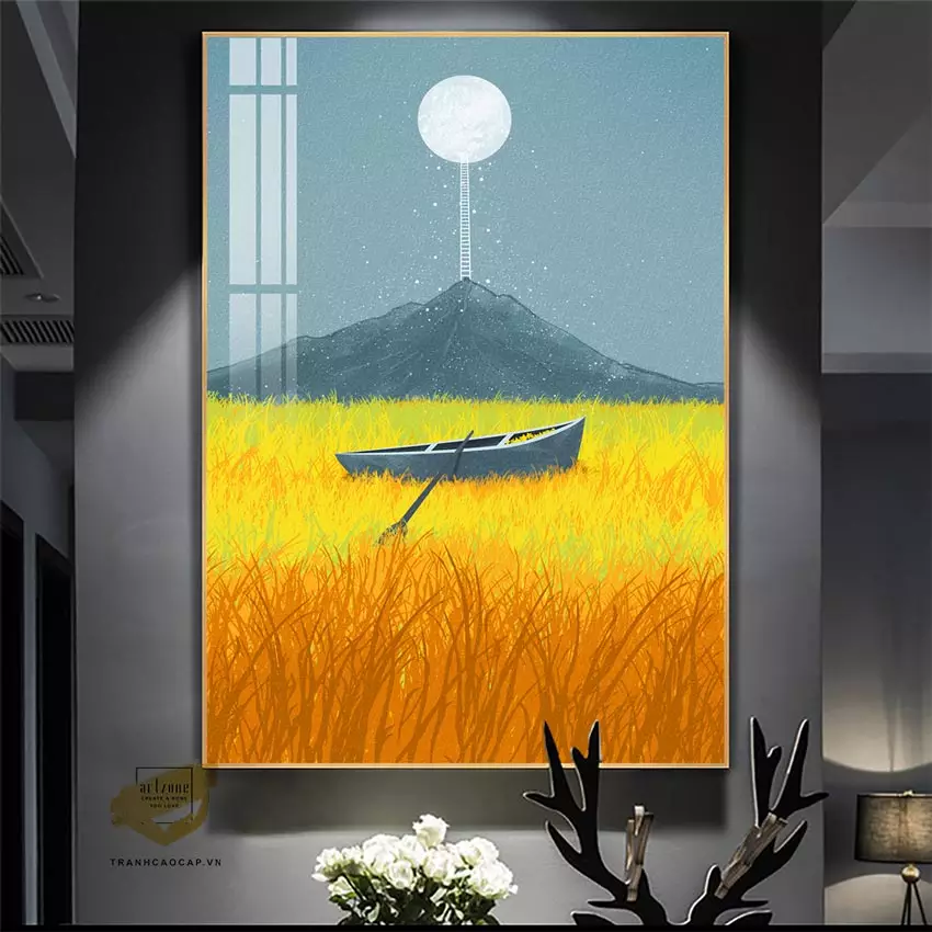 Tranh Chi bi Cánh đồng dưới ánh trăng vàng và con thuyền nhỏ