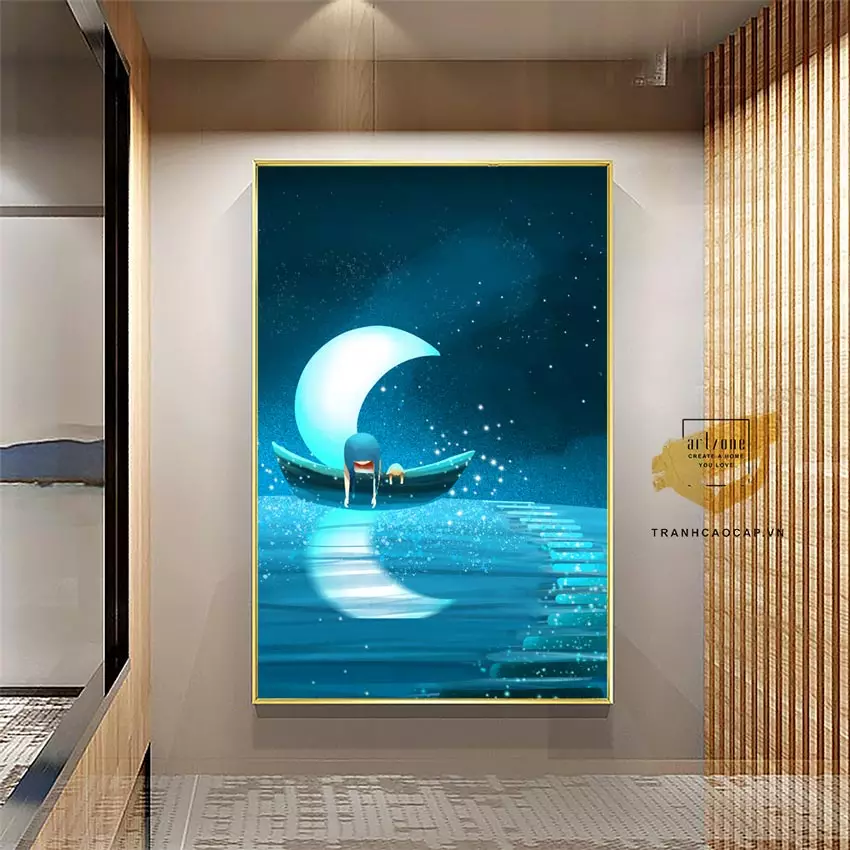 Tranh Chi bi Cô gái trèo thuyền dưới ánh trăng đêm