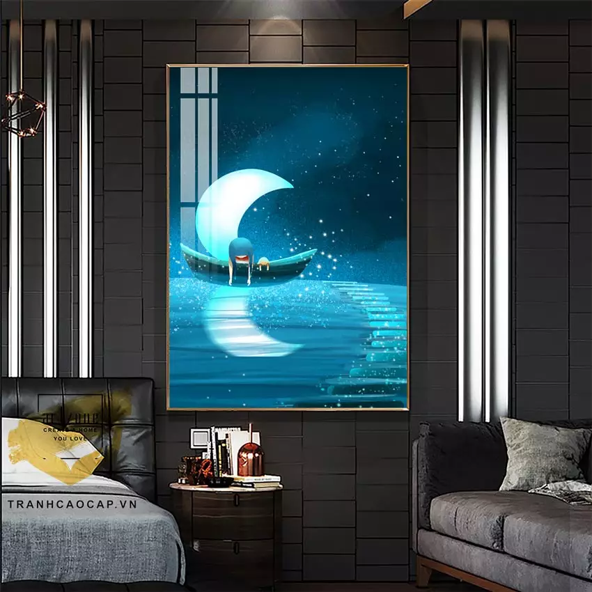 Tranh Chi bi Cô gái trèo thuyền dưới ánh trăng đêm