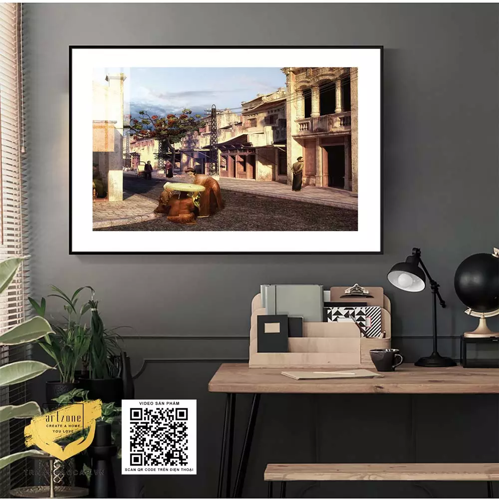 Tranh trang trí hiện đại in trên Canvas treo tường tiệm cafe Phong cảnh Hà Nội xưa 120X80 cm P/N: AZ1-0939-KC5-CANVAS-120X80