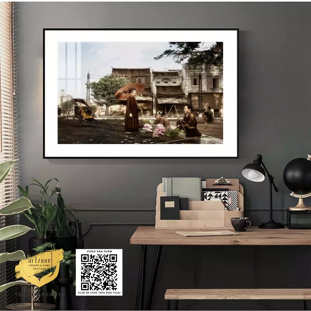Tranh Hà Nội xưa treo tường Quán Cafe in trên vải Canvas bền Kích thước: 75*50 P/N: AZ1-0981-KN-CANVAS-75X50