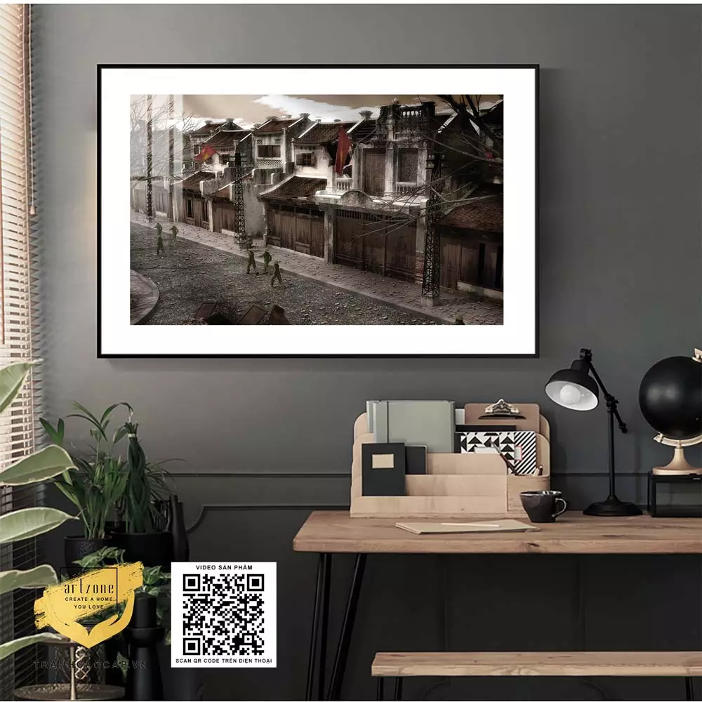 Tranh in trên vải Canvas Hà Nội xưa trang trí Tiệm cafe giá rẻ 45*30 P/N: AZ1-0982-KN-CANVAS-45X30