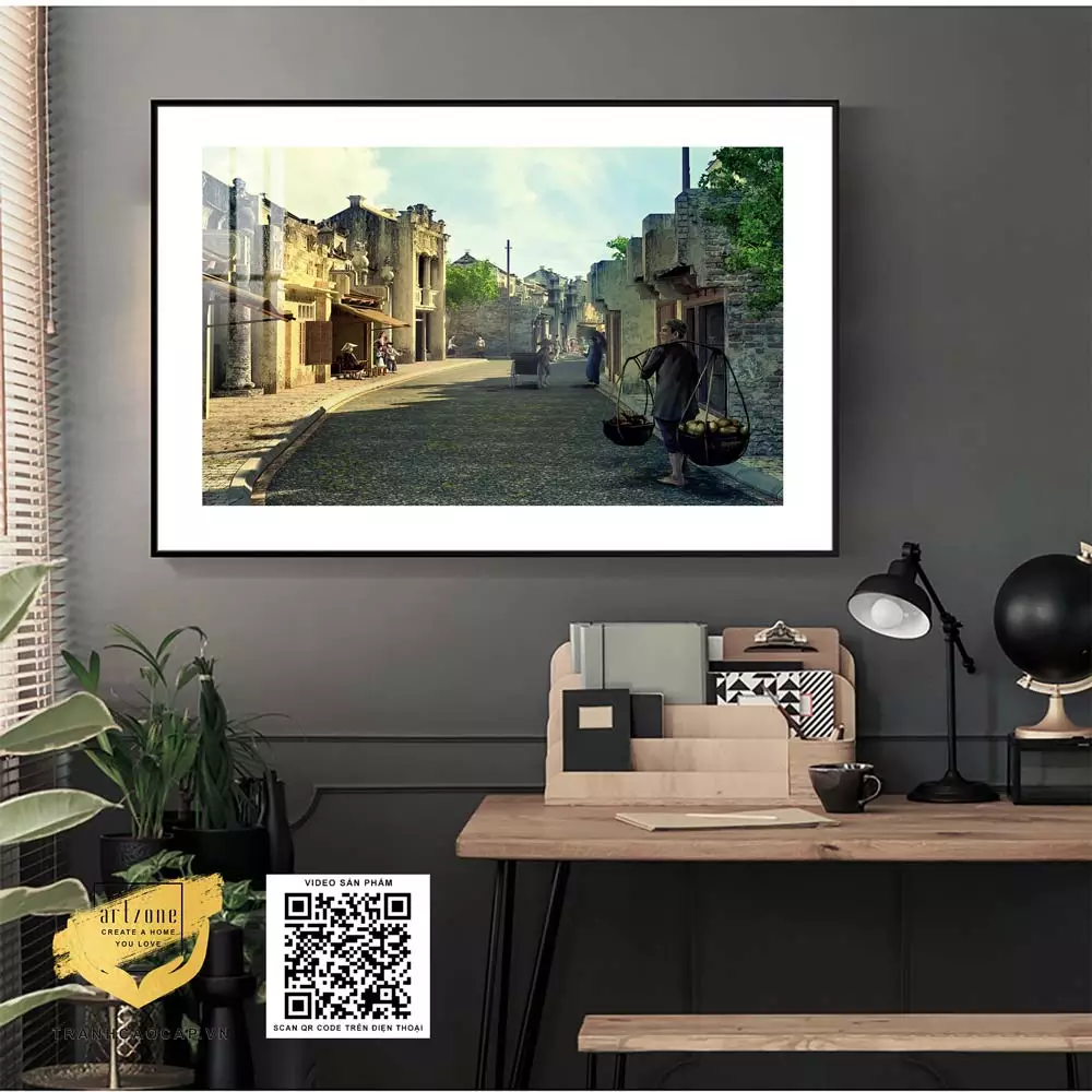 Tranh trang trí treo tường tiệm Cafe Hà Nội xưa in trên vải Canvas uy tín 60*40 cm P/N: AZ1-0992-KN-CANVAS-60X40
