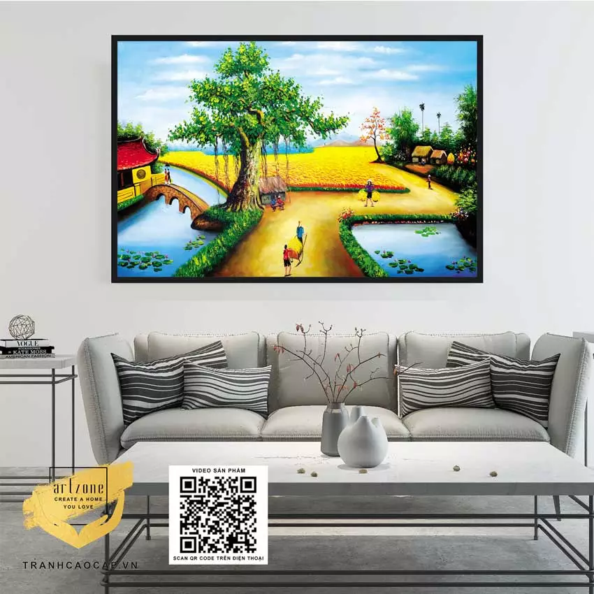 Tranh trang trí treo tường Quán Cafe Làng quê Việt Nam cổ điển in trên vải Canvas Kích thước: 110*55 cm P/N: AZ1-0146-KN-CANVAS-110X55
