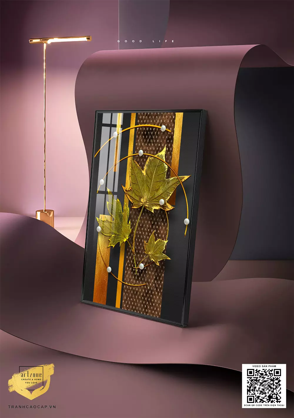 Tranh treo tường Mica Chiếc lá vàng hoàng kim 3D