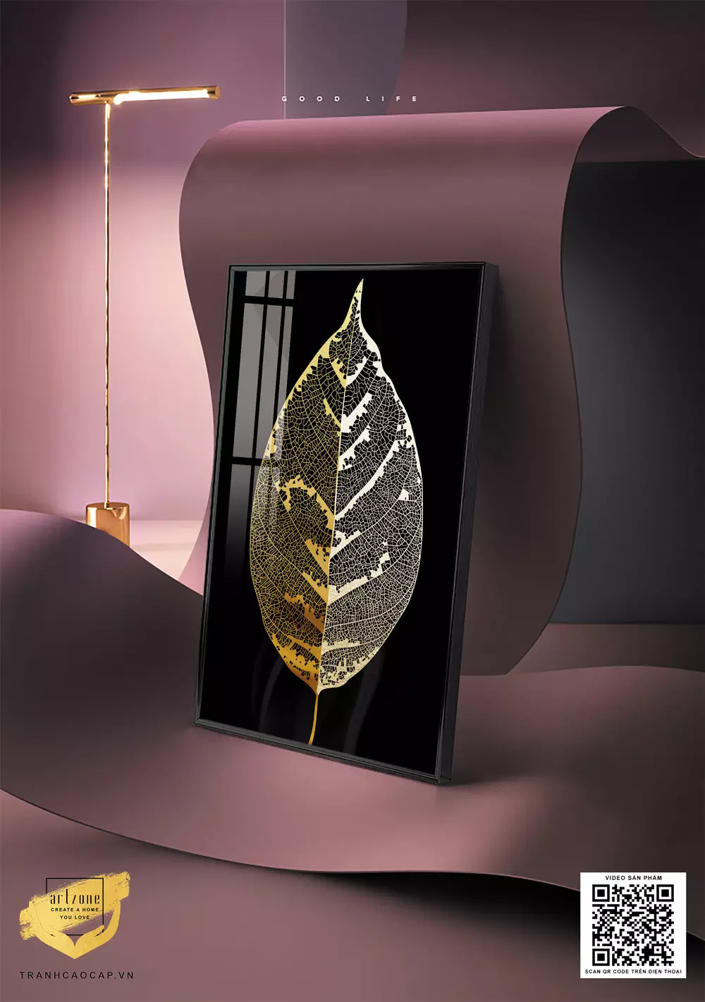 Tranh trang trí Mica Chiếc lá với vân vàng hoàng kim