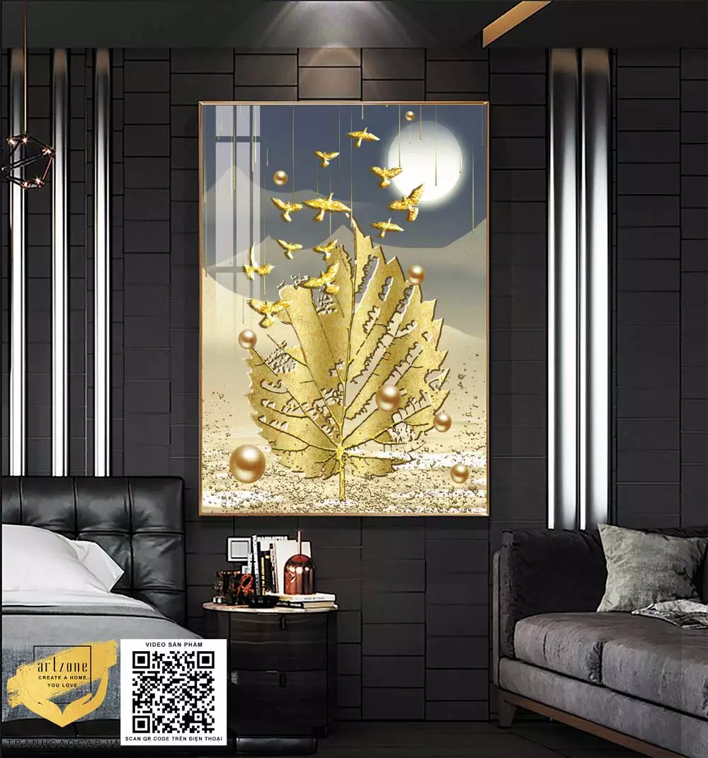 Tranh treo tường Mica Lá vàng và đàn chim dưới ánh trăng thu