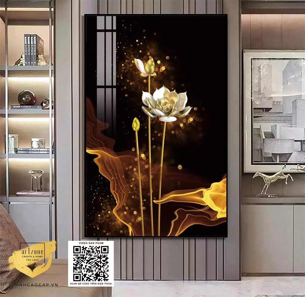 Tranh trang trí Mica Hoa sen vàng hoàng kim 3D