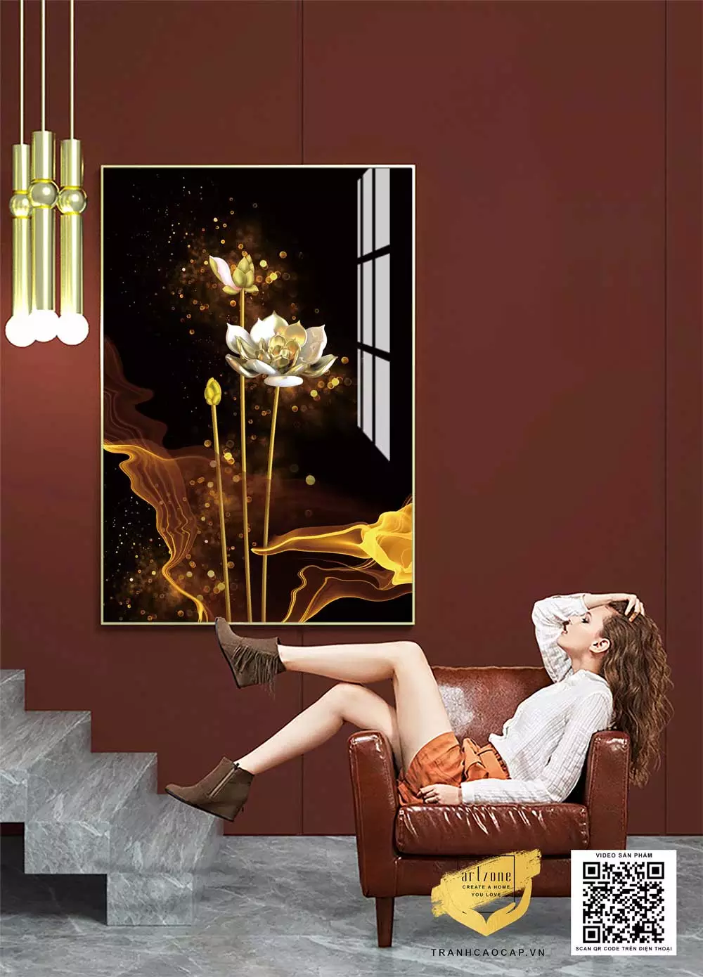 Tranh trang trí Mica Hoa sen vàng hoàng kim 3D