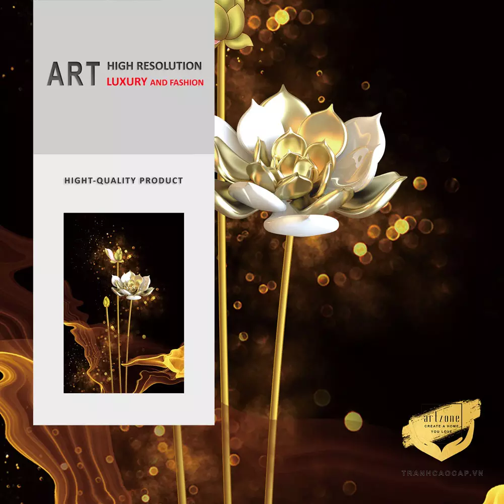 Nội dung Tranh trang trí Mica Hoa sen vàng hoàng kim 3D