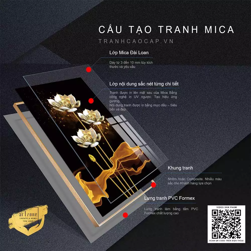 Tranh Mica Hoa sen vàng hoàng kim 3D in trên Mica