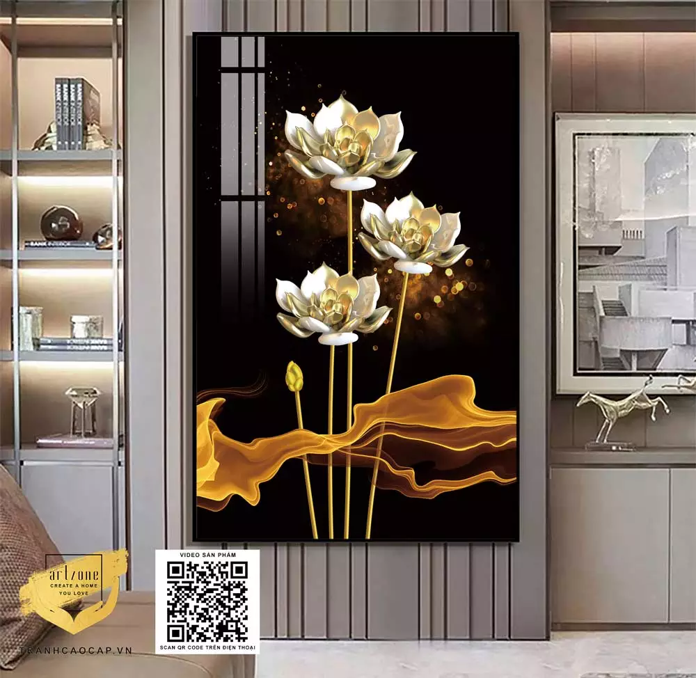 Tranh Mica Hoa sen vàng hoàng kim 3D