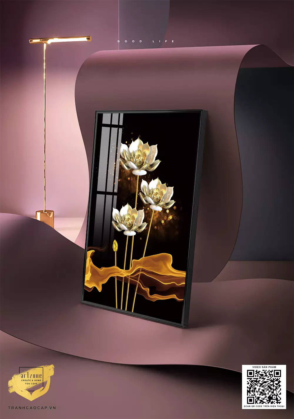 Tranh Mica Hoa sen vàng hoàng kim 3D