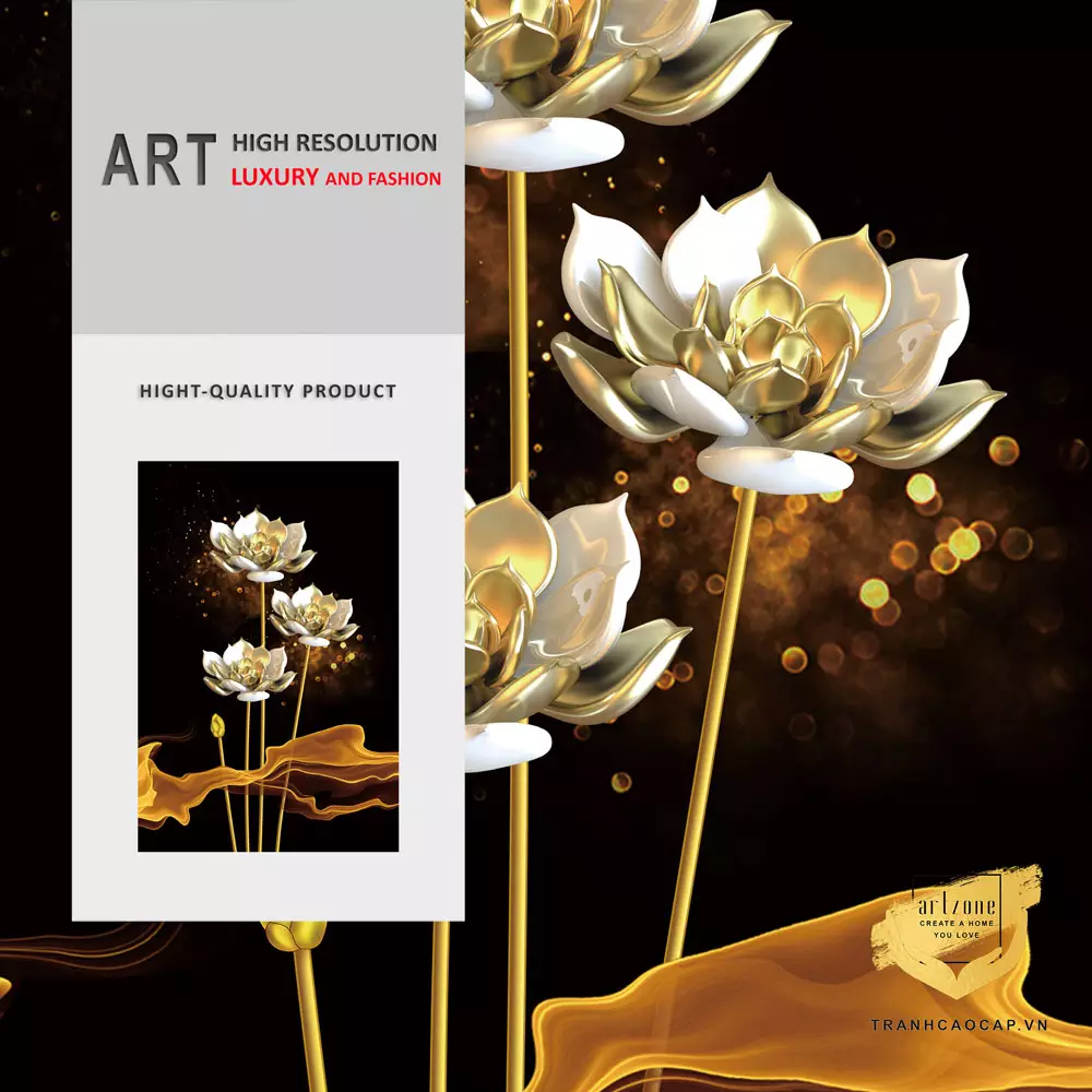 Nội dung Tranh Mica Hoa sen vàng hoàng kim 3D