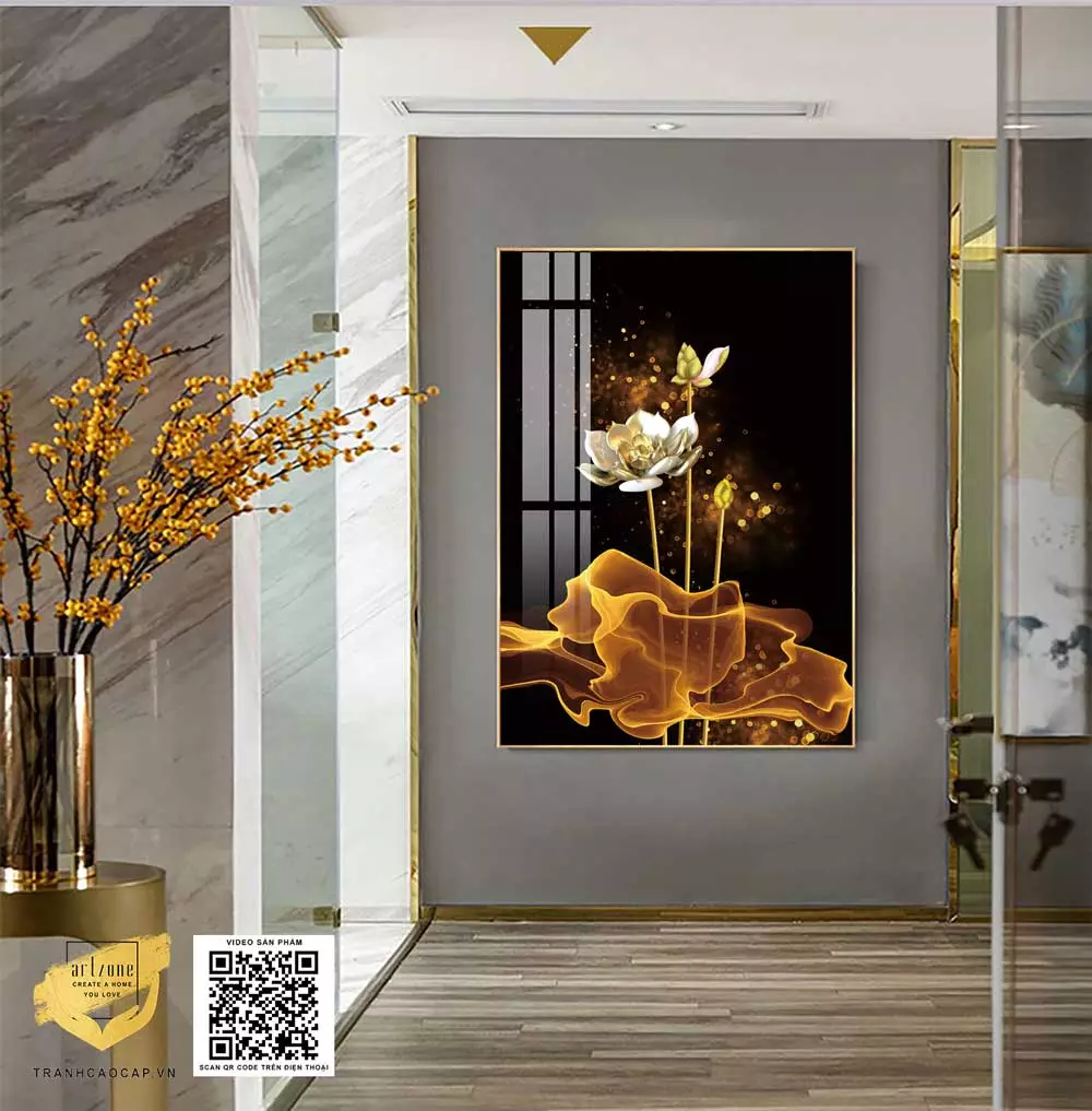 Tranh treo tường Mica Hoa sen vàng hoàng kim 3D