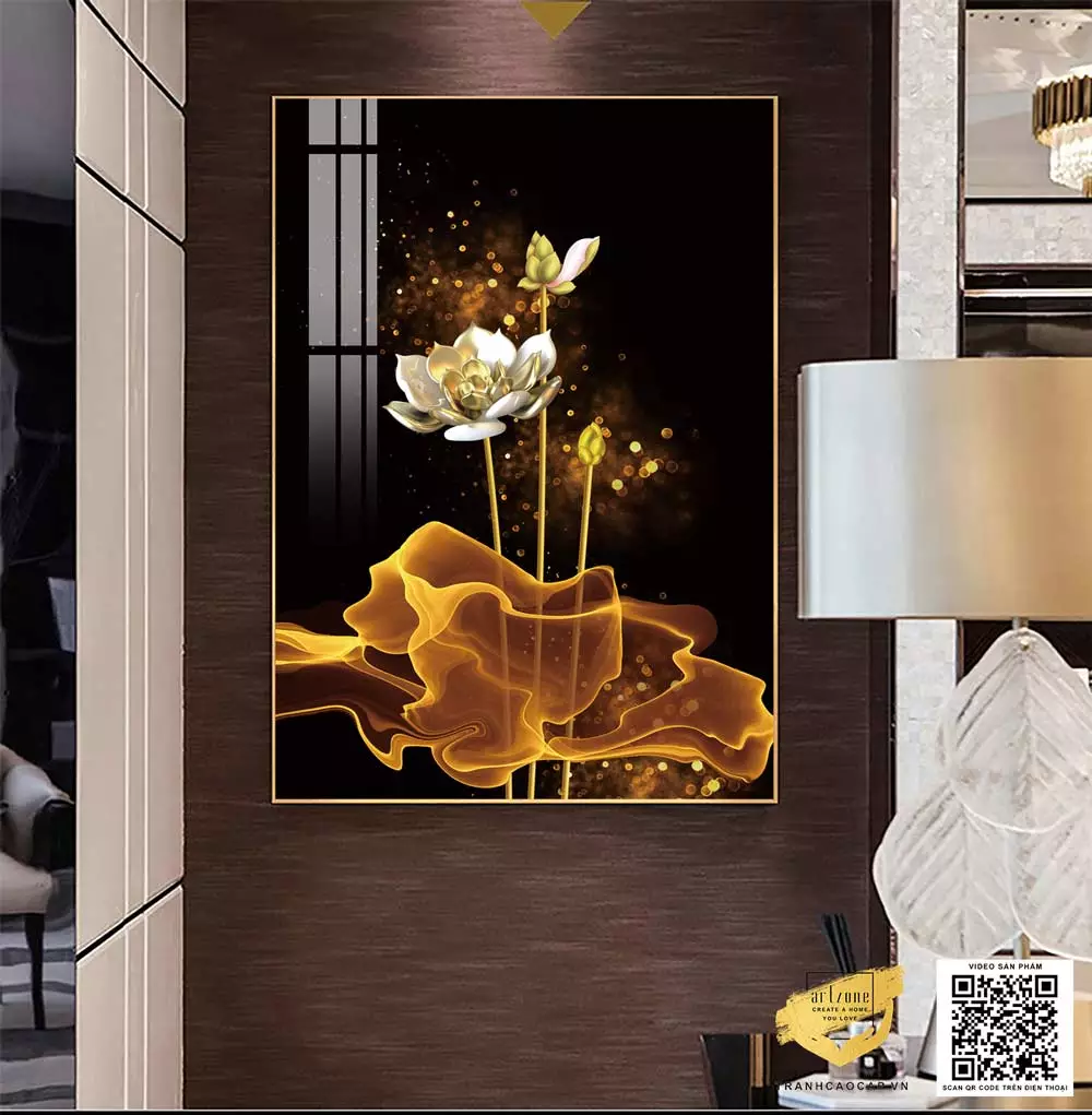 Tranh treo tường Mica Hoa sen vàng hoàng kim 3D