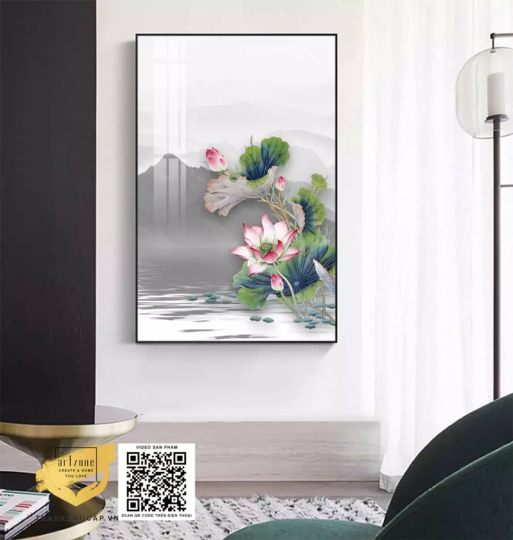 Tranh trang trí Mica Hoa sen bên hồ nước