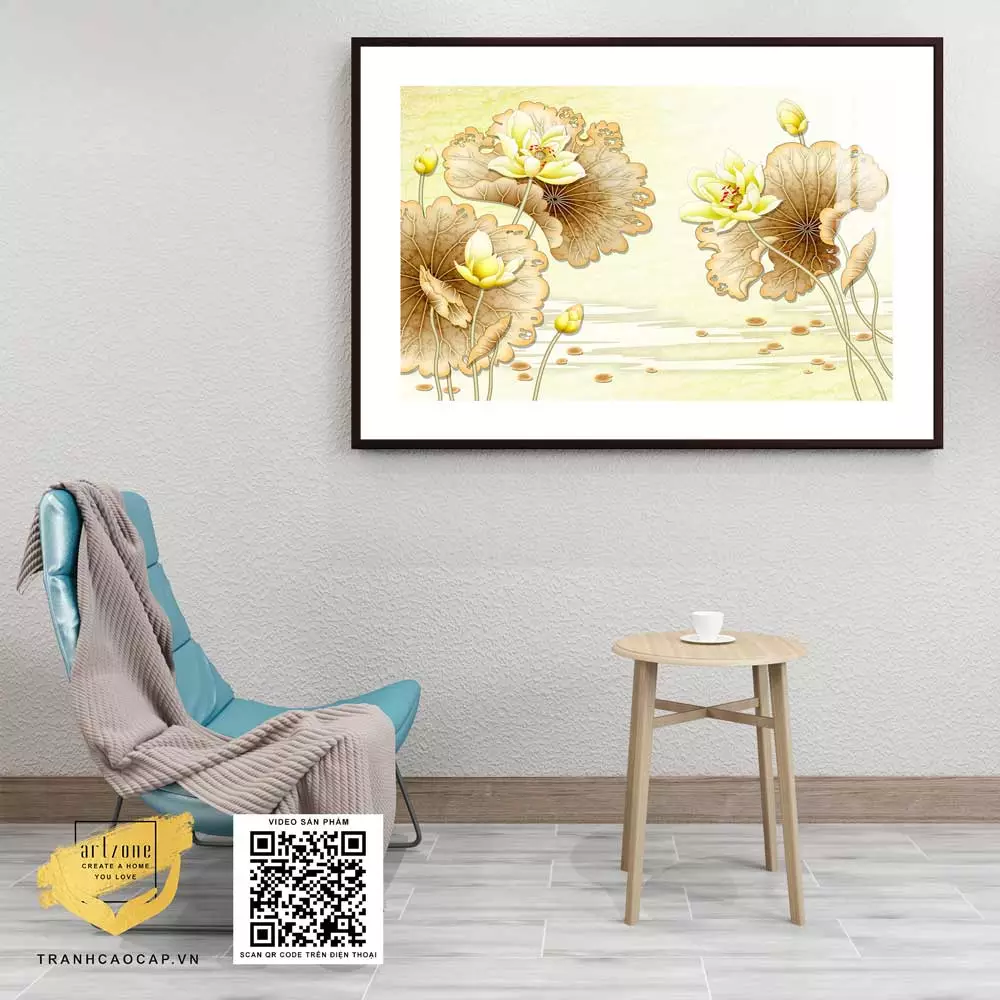 Tranh trang trí Mica Hoa sen vàng và cá chép
