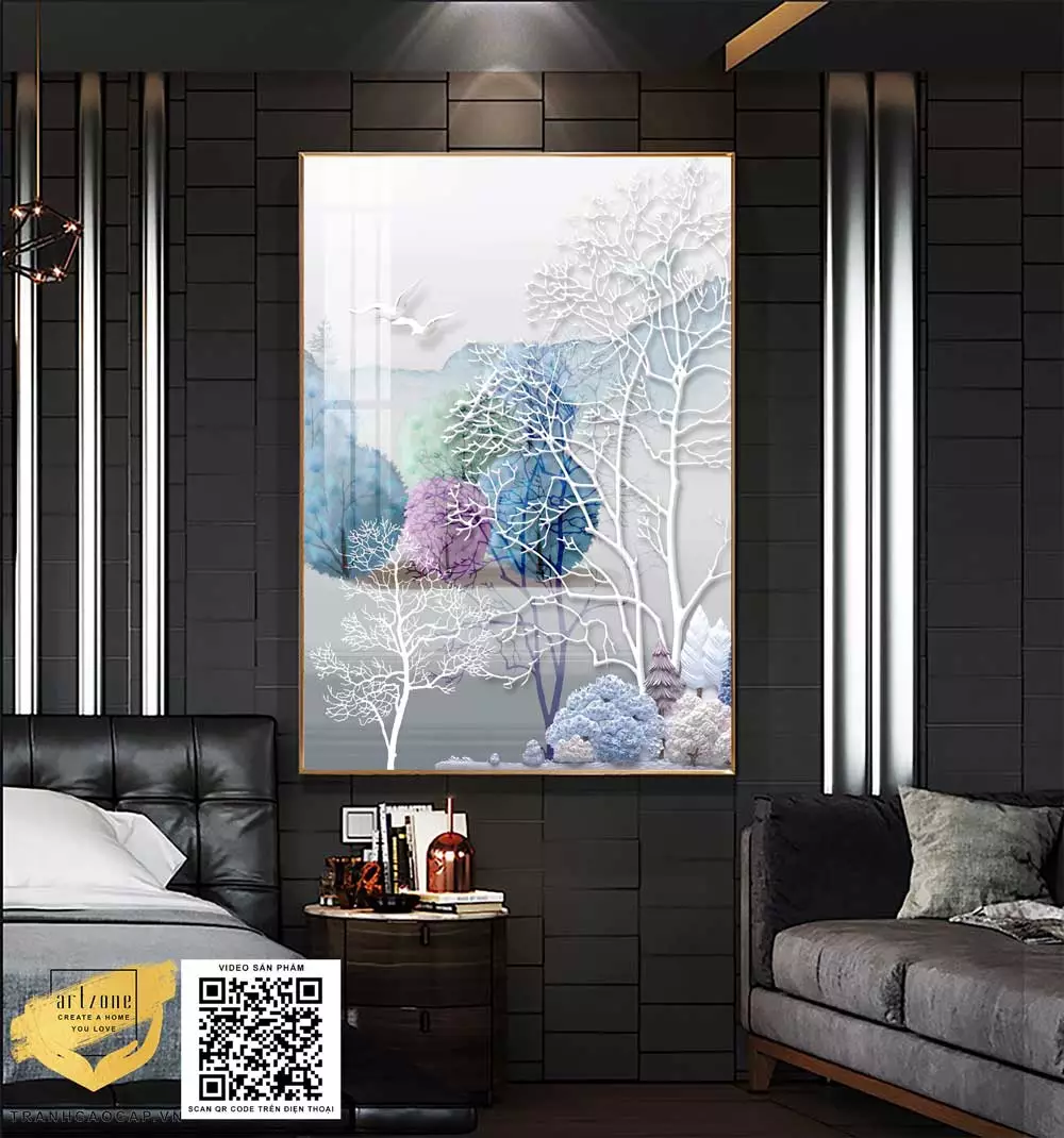 Tranh Canvas phong cảnh Rừng cây mùa đông và những bông tuyết trắng in trên vải Canvas