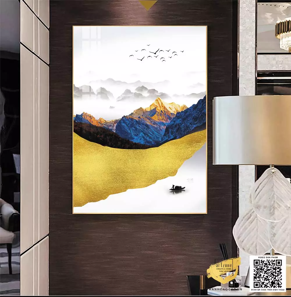 Tranh Canvas phong cảnh Sơn thủy Người lái đò trên sông dải cát vàng hoàng kim và núi vàng hùng vĩ in trên vải Canvas
