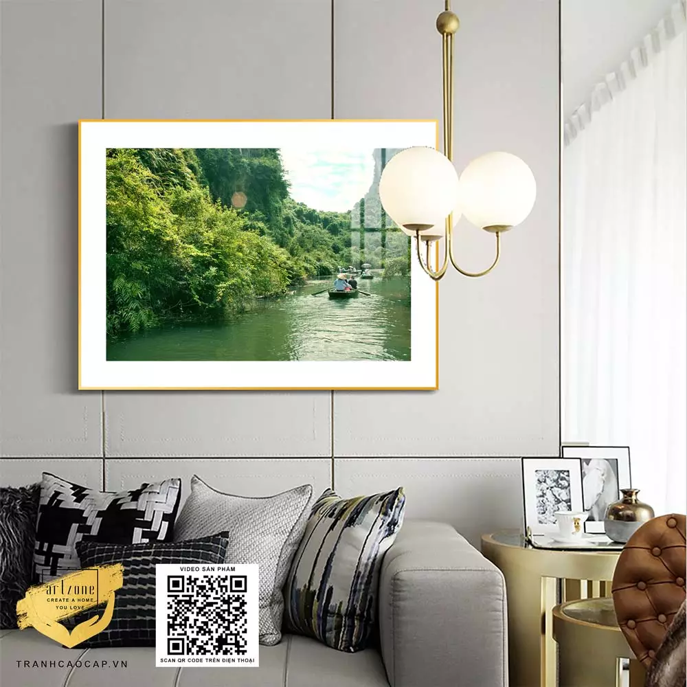 Tranh Canvas phong cảnh Chèo thuyền trên sông du lịch chùa hương in trên vải Canvas