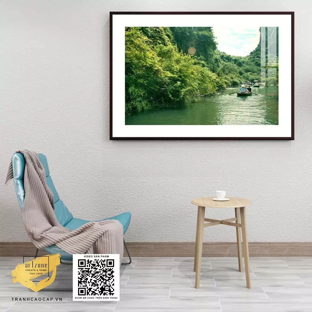 Tranh Canvas phong cảnh Chèo thuyền trên sông du lịch chùa hương in trên vải Canvas
