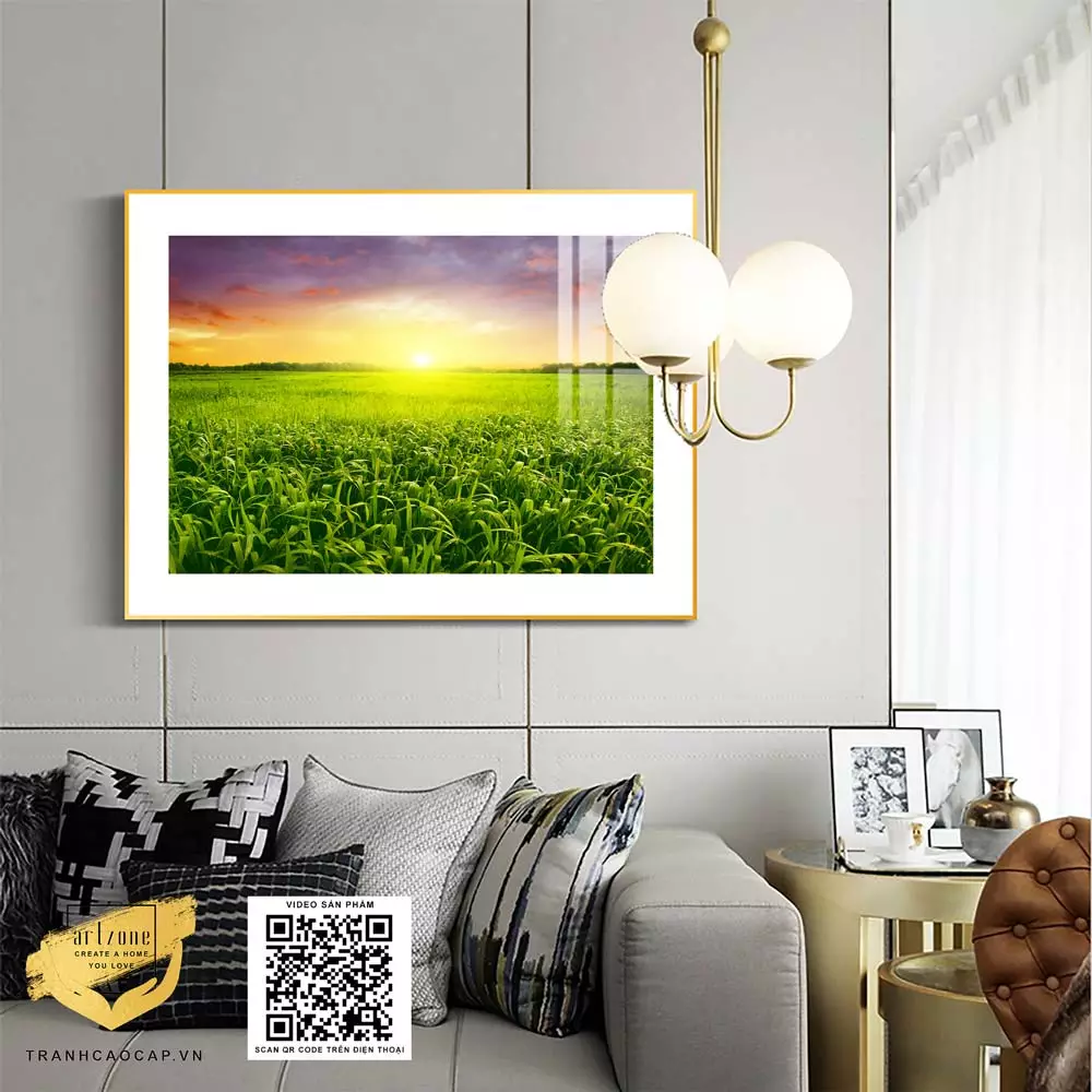 Tranh Canvas phong cảnh Cánh đồng xanh mướt dưới ánh bình minh in trên vải Canvas