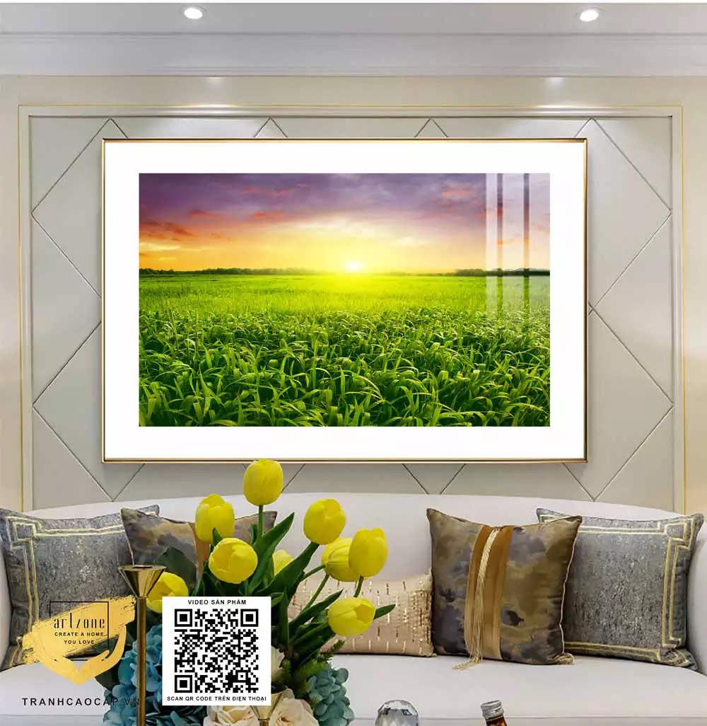 Tranh Canvas phong cảnh Cánh đồng xanh mướt dưới ánh bình minh in trên vải Canvas
