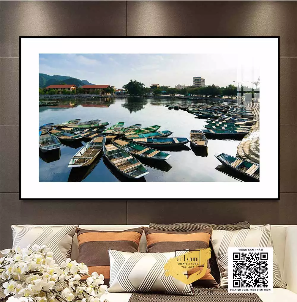 Tranh Canvas phong cảnh Bến đò chở khách du lịch chùa Hương in trên vải Canvas