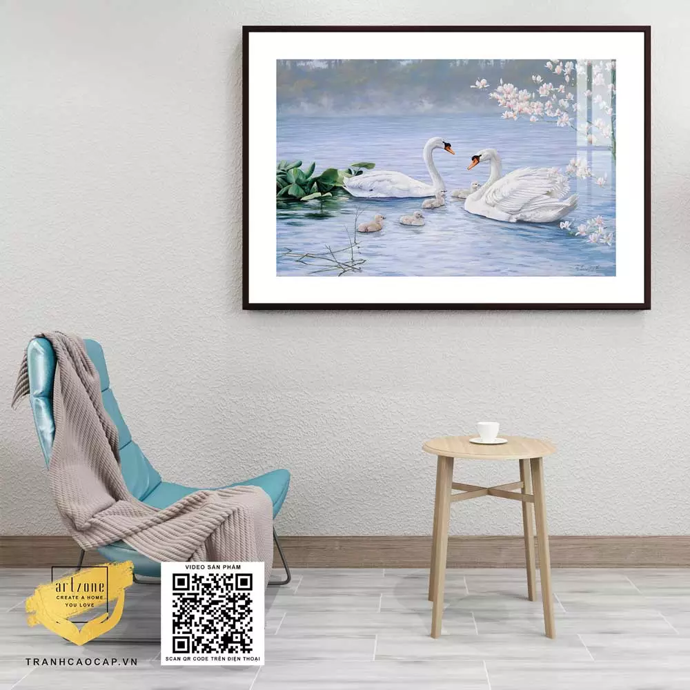 Tranh Canvas phong cảnh Gia đình thiên nga trong hồ nước in trên vải Canvas