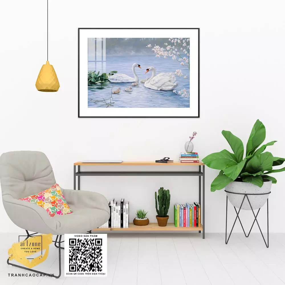 Tranh Canvas phong cảnh Gia đình thiên nga trong hồ nước in trên vải Canvas