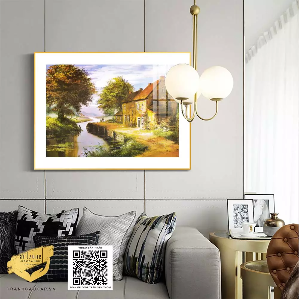 Tranh Canvas phong cảnh Ngôi nhà nhỏ tuổi thơ bên bờ sông in trên vải Canvas