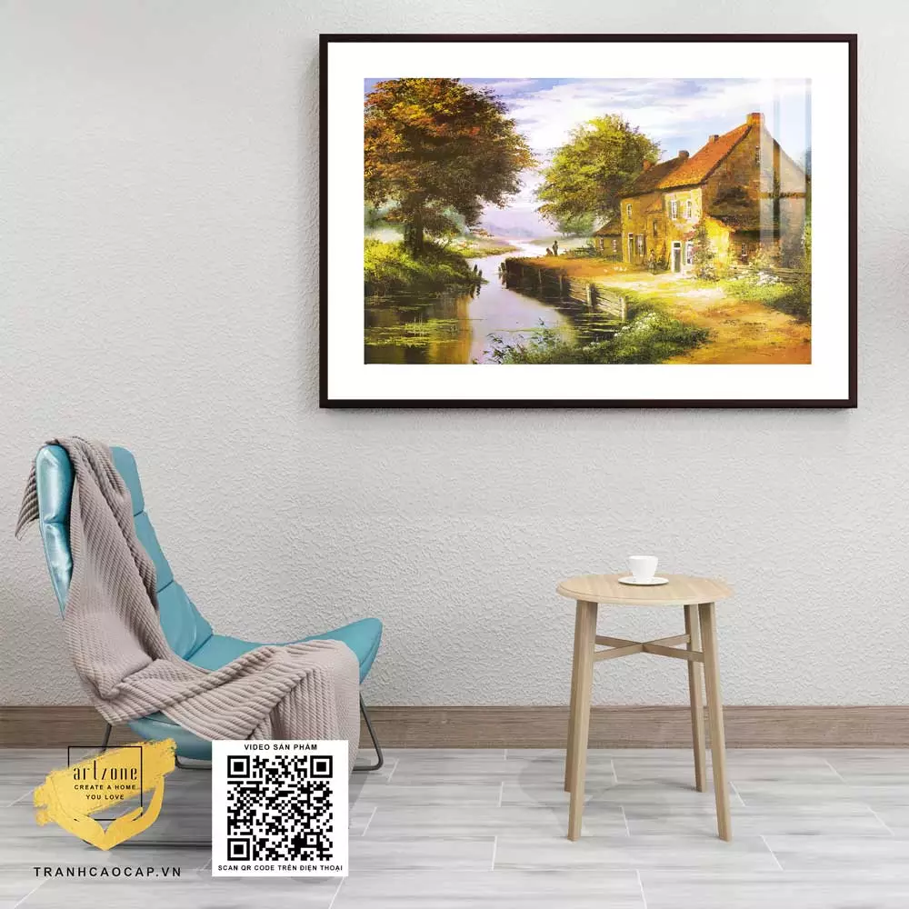 Tranh Canvas phong cảnh Ngôi nhà nhỏ tuổi thơ bên bờ sông in trên vải Canvas
