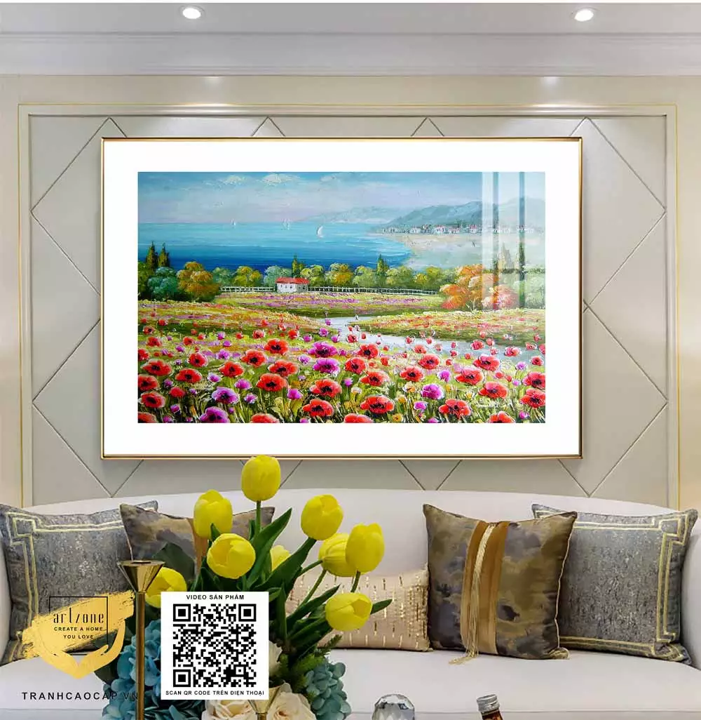Tranh Canvas phong cảnh Cánh đồng hoa thơ mộng ven biển in trên vải Canvas