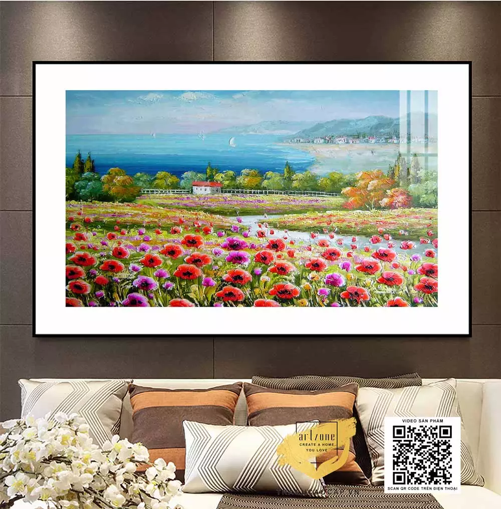 Tranh Canvas phong cảnh Cánh đồng hoa thơ mộng ven biển in trên vải Canvas