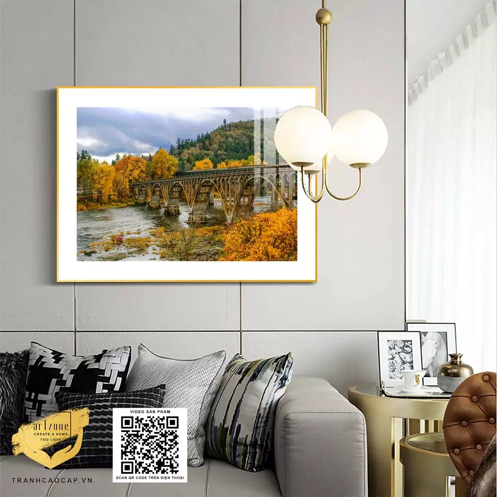 Tranh Canvas phong cảnh Cây cầu sắt cũ trong mùa thu in trên vải Canvas