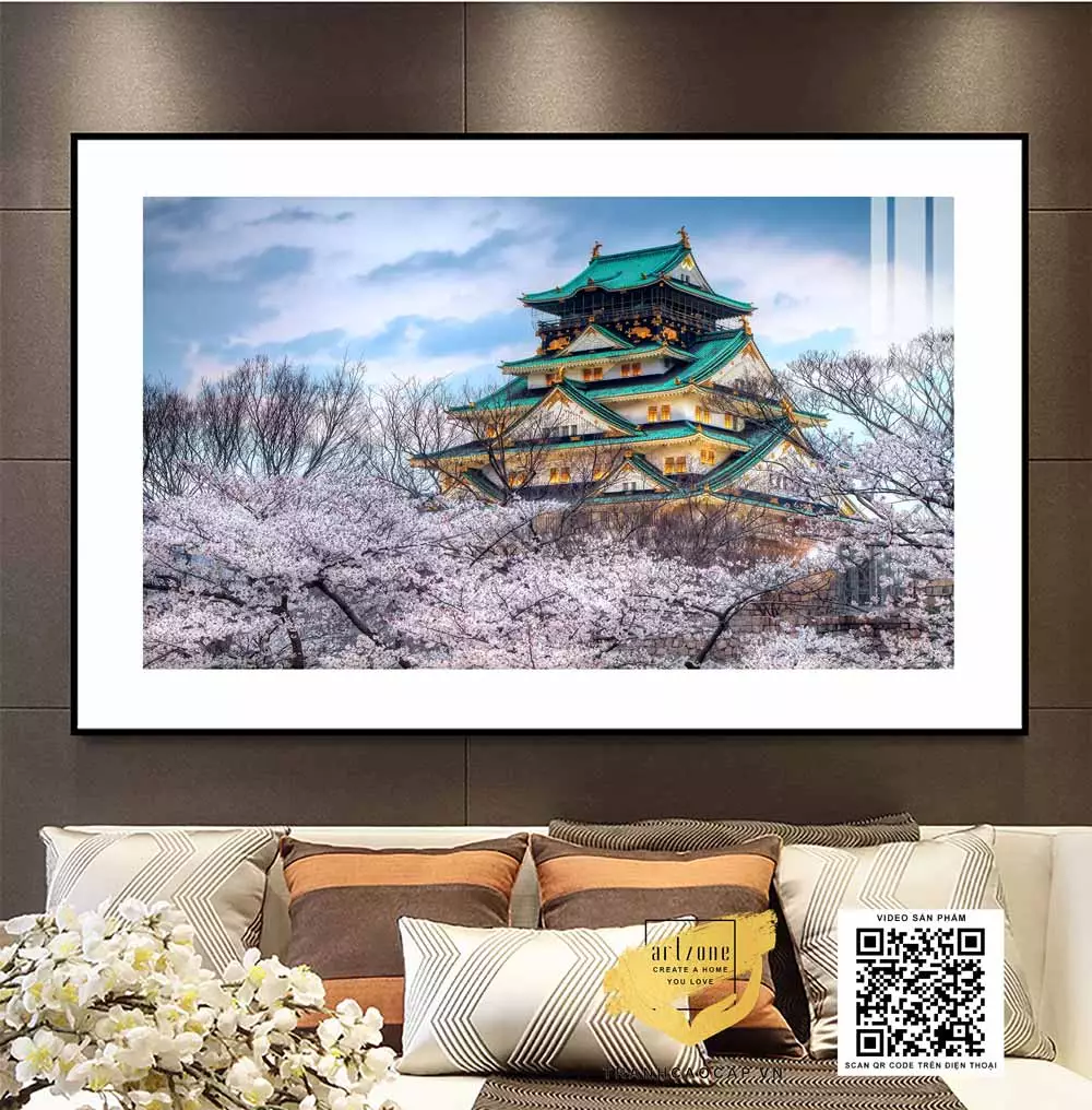 Tranh Canvas phong cảnh Hoa anh đào nở ở thành phố Osaka Nhật Bản in trên vải Canvas
