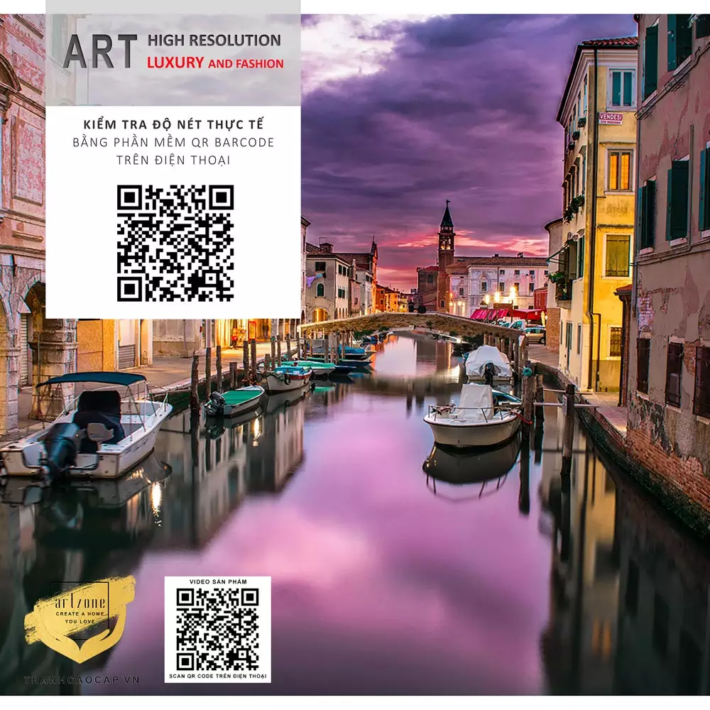 Nội dung Tranh Canvas phong cảnh Thành phố Venice nước Ý dưới ánh hoàng hôn tím