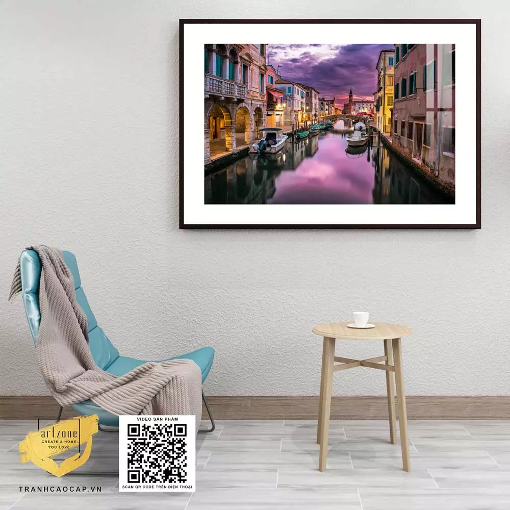 Tranh Canvas phong cảnh Thành phố Venice nước Ý dưới ánh hoàng hôn tím in trên vải Canvas