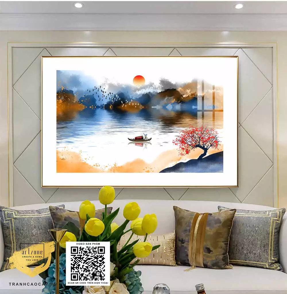 Tranh Canvas phong cảnh Người lái đò trên sông in trên vải Canvas