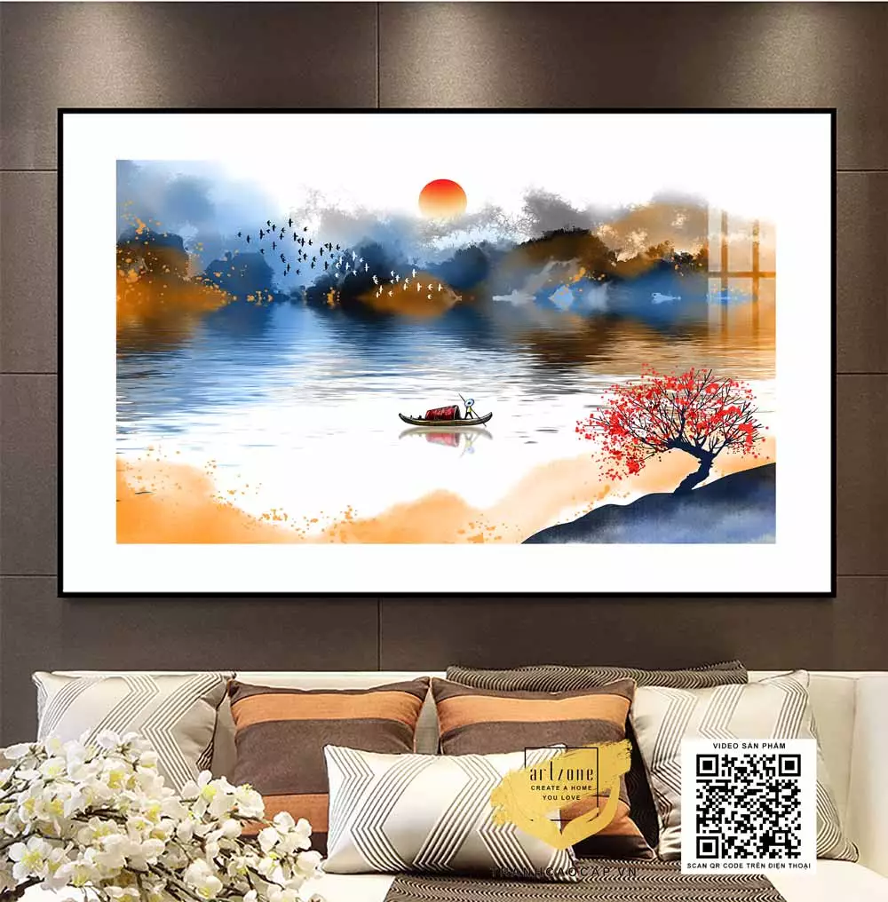 Tranh Canvas phong cảnh Người lái đò trên sông in trên vải Canvas