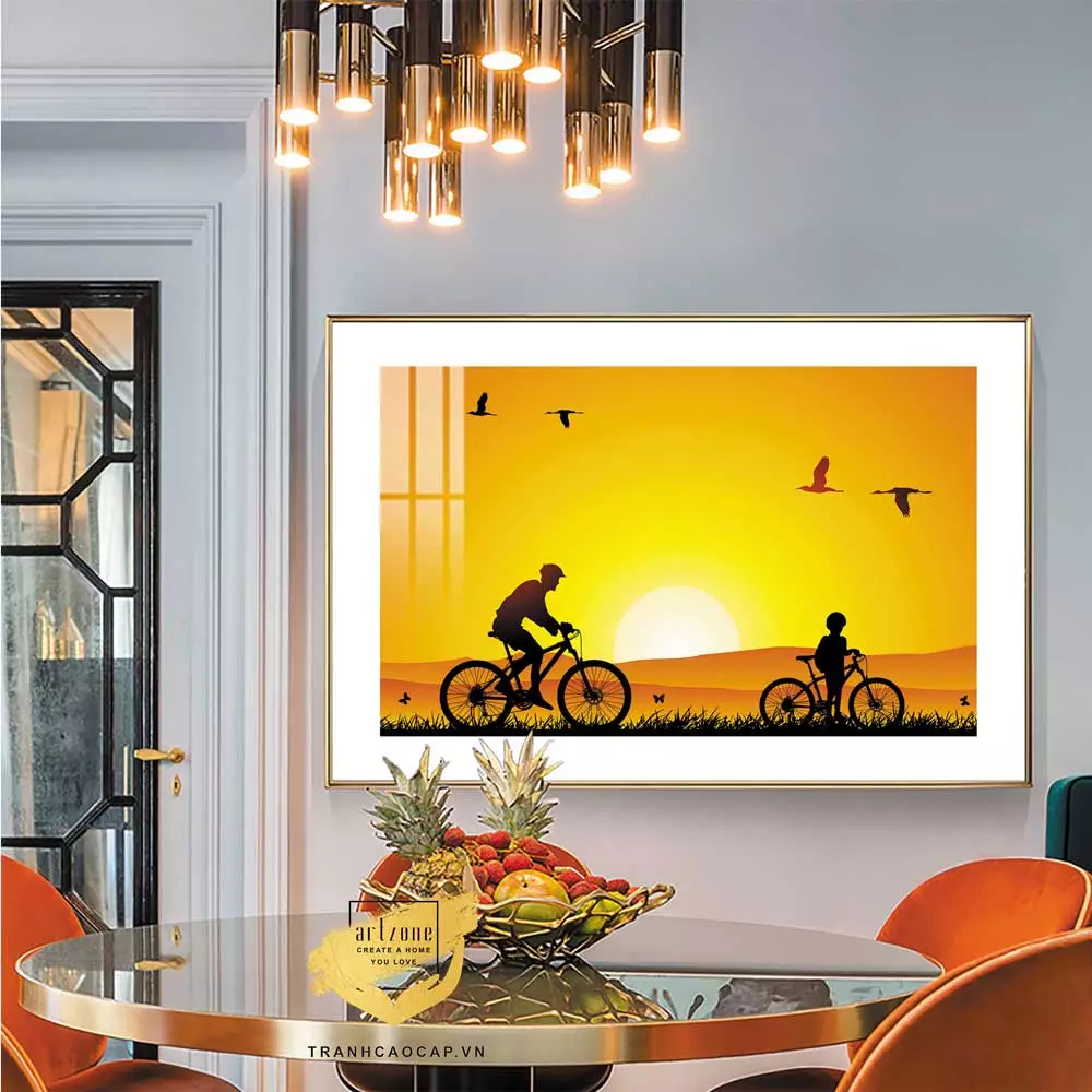 Tranh Canvas phong cảnh Cha và con trai đạp xe dưới ánh hoàng hôn in trên vải Canvas